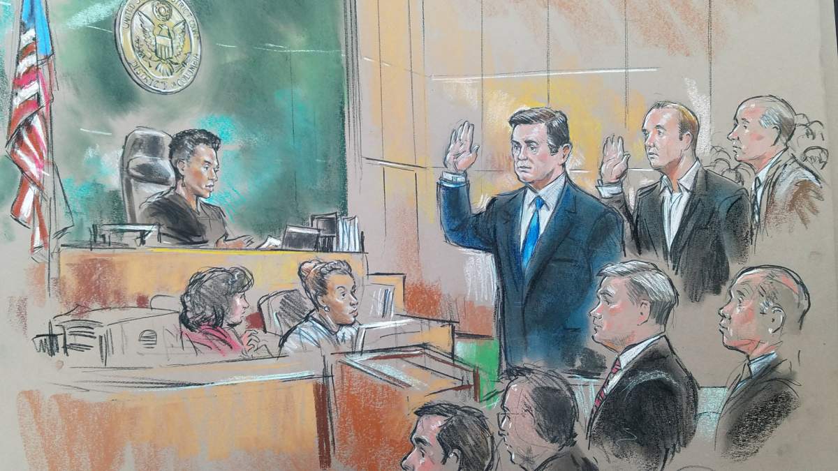 Former Trump 2016 campaign chairman Paul Manafort and former campaign official Rick Gates appear in front of U.S. Magistrate Deborah A. Robinson in U.S. Federal Court during a hearing in the first charges stemming from a special counsel investigation of possible Russian meddling in the 2016 presidential election in Washington, U.S., October 30, 2017.