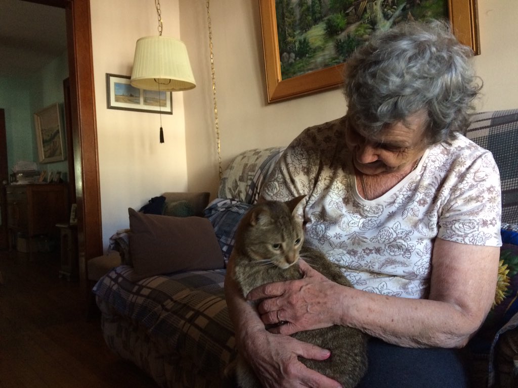 Bess Srahulek sits with her cat, Thomas, as landscapers and volunteers start to arrive on her front lawn.