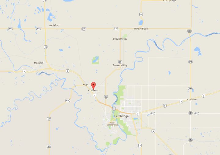 A map showing part of southern Alberta. The red mark indicates where Coalhurst is located.