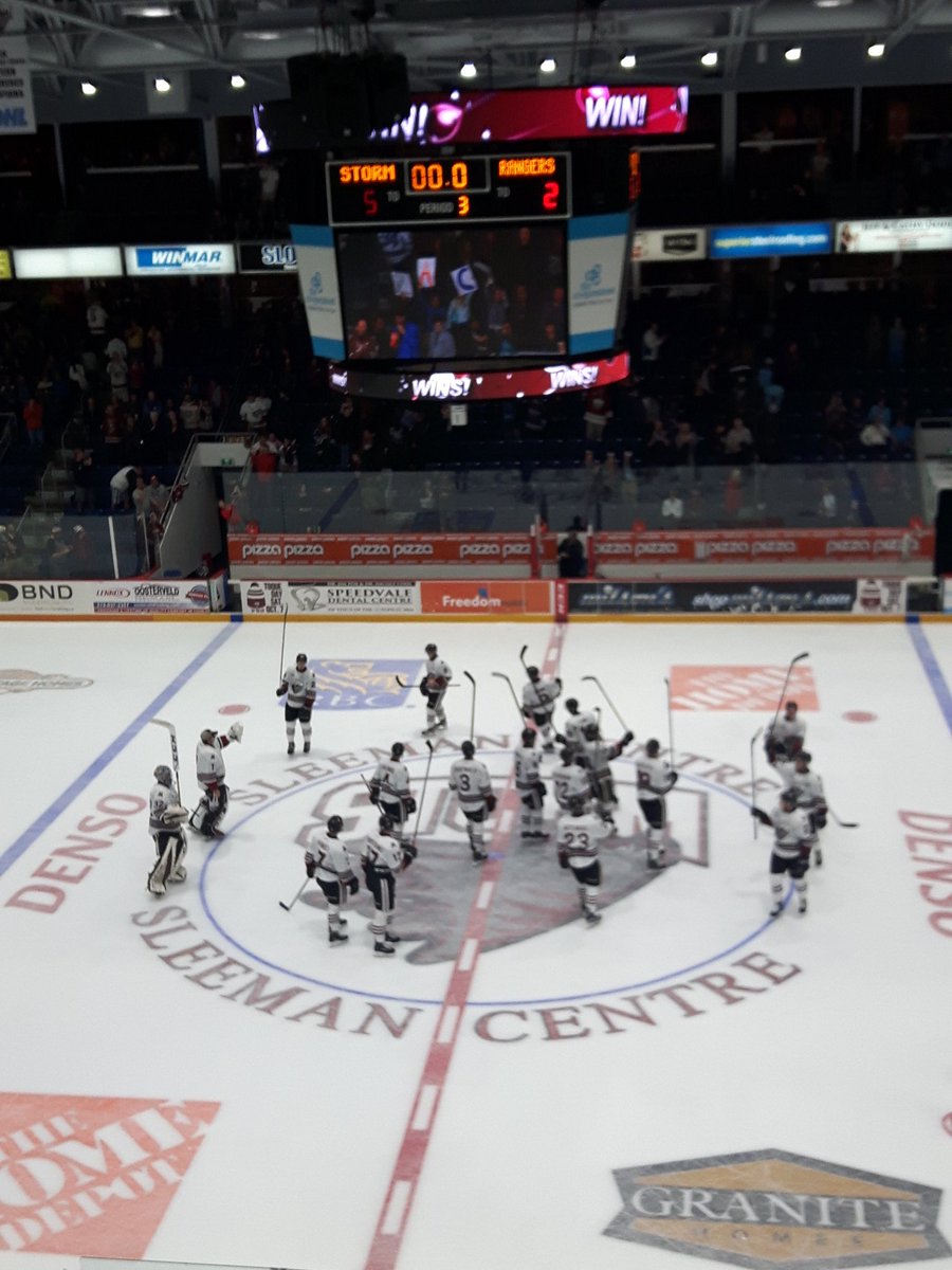 Guelph Storm celebrate their 5-2 win over the Kitchener Rangers on home ice.