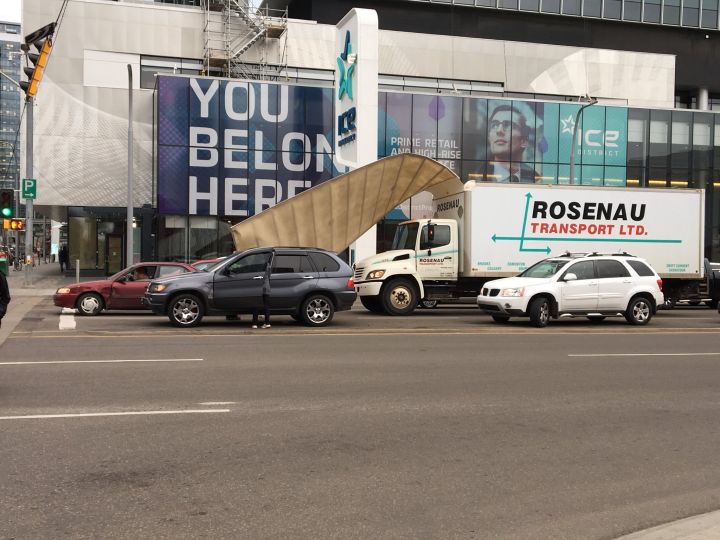 Strong wind gusts ripped the roof off a semi-truck in downtown Edmonton Wednesday, Oct. 25, 2017.