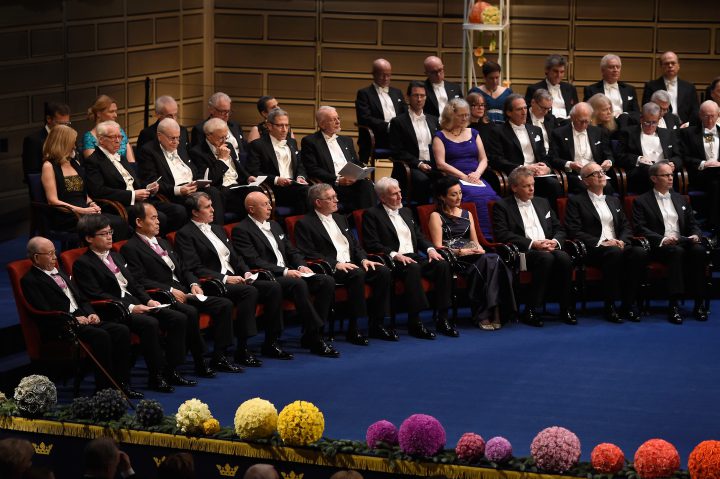 The laureates of the Nobel Prize 2014 seen on stage at the Nobel Prize Awards Ceremony at Concert Hall  on Dec. 10, 2014 in Stockholm, Sweden.  