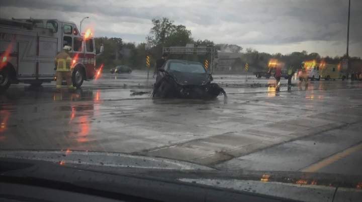 The Sûreté du Québec is investigating after three people were injured in a multi-vehicle collision on Highway 15 North in Laval on Sunday, Oct. 8, 2017. 