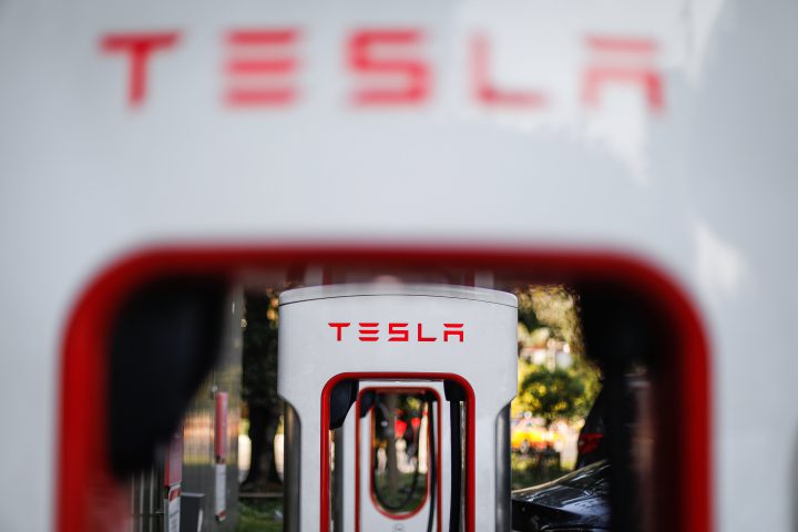 A file photo of Tesla charging stations.