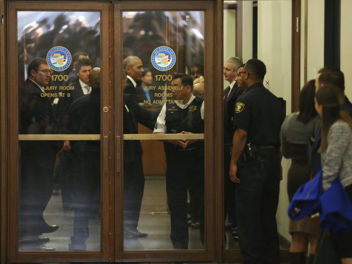 Former President Barack Obama arrives for jury duty in the Daley Center on Wednesday, Nov. 8, 2017, in Chicago.