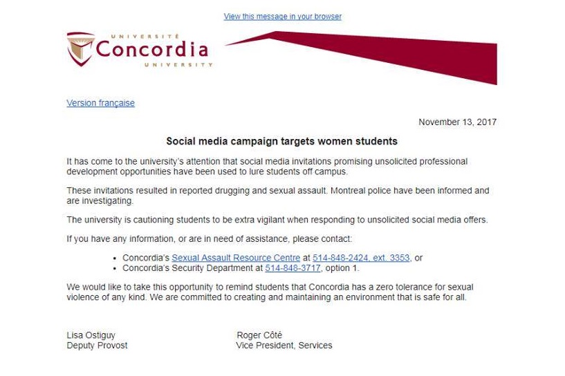 Concordia University sent students a letter warning of sexual predators near the campus, Monday, Nov. 13, 2017.