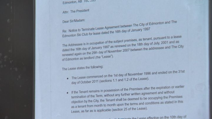 There are questions about the future of the Edmonton Ski Club after a note was seen posted to its clubhouse door on Connors Hill indicating the city is terminating its lease with the club, effective Dec. 10.
