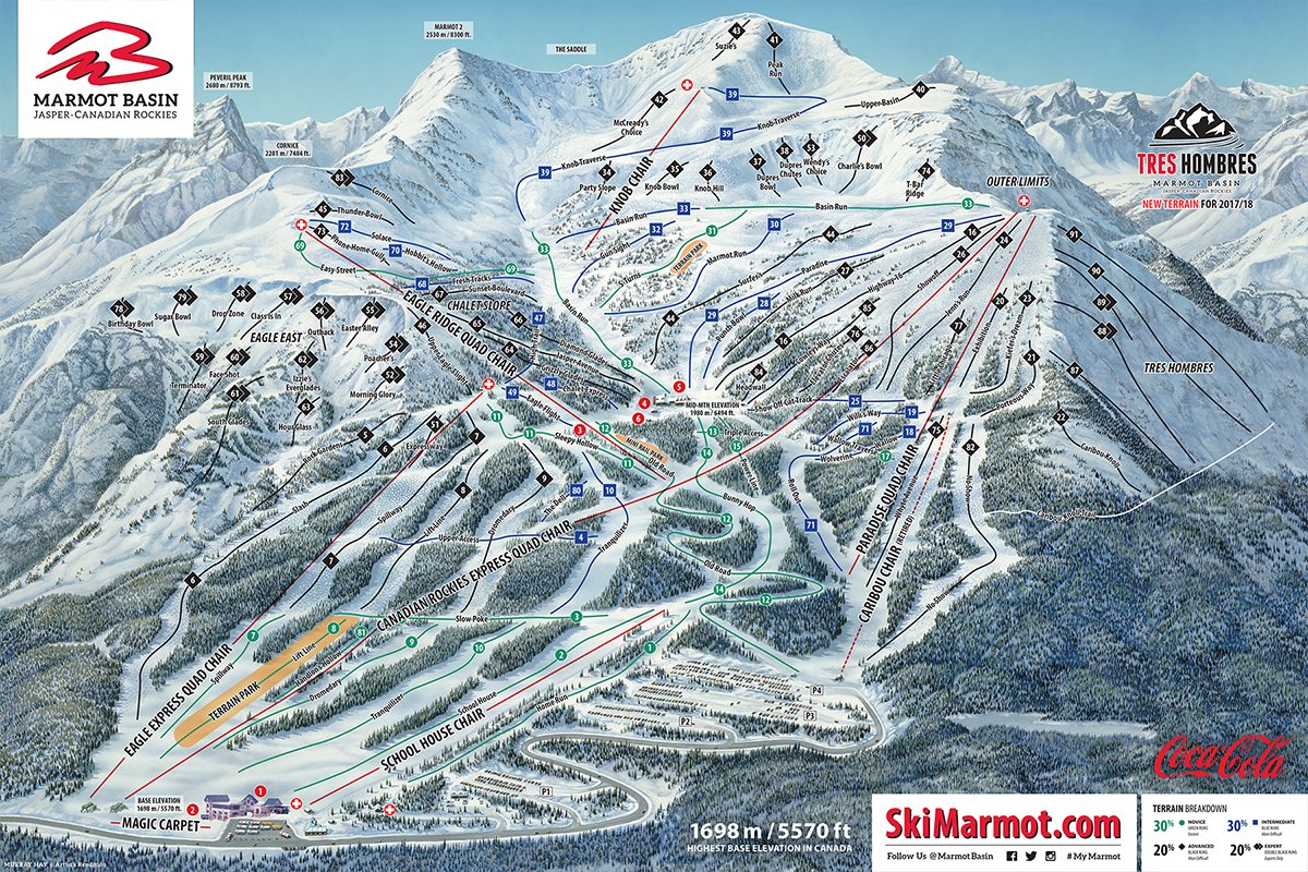 A map of the Marmot Basin ski and snowboard resort in Jasper National Park, Alberta.