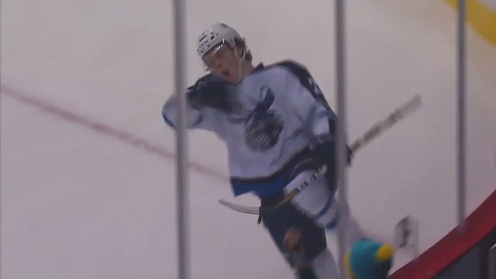 Manitoba Moose forward Mason Appleton celebrates a goal against the Laval Rocket at Bell MTS Place.