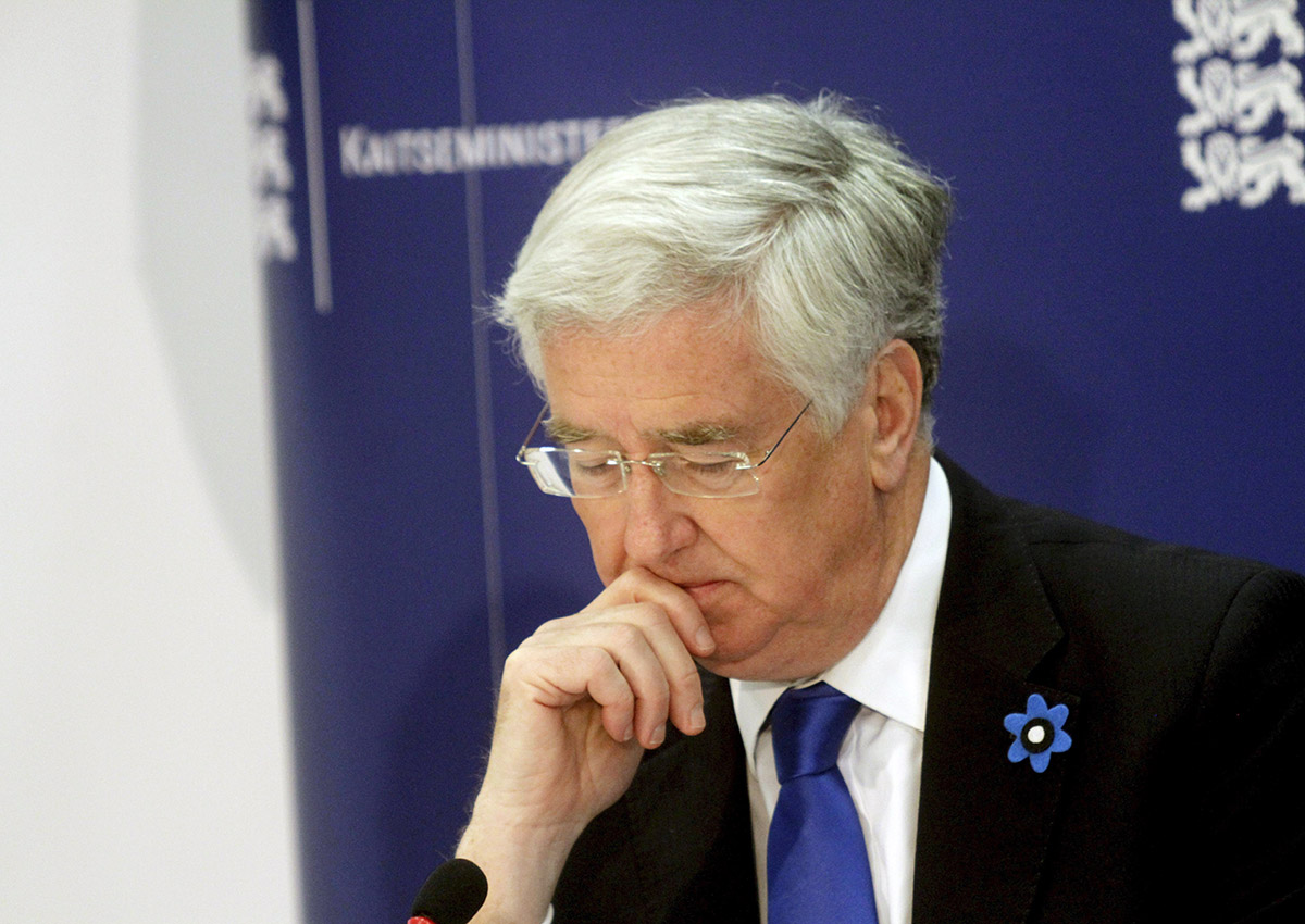Michael Fallon attends a press conference after a welcoming ceremony of the deployment of a multi-national NATO force battalion in Tapa, Estonia.