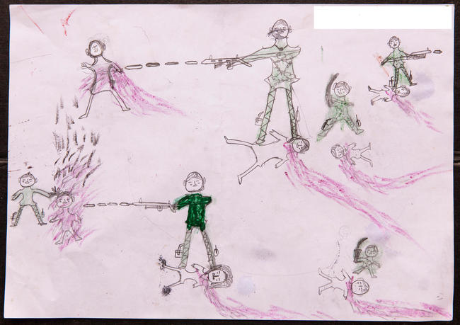 On Oct. 2, 2017, a drawing by a Rohingya boy, Abdul, revealing the horrific experiences he endured while fleeing from Myanmar to Bangladesh, at the children friendly space at the Balukhali makeshift refugee camp in Cox’s Bazar district in Bangladesh.