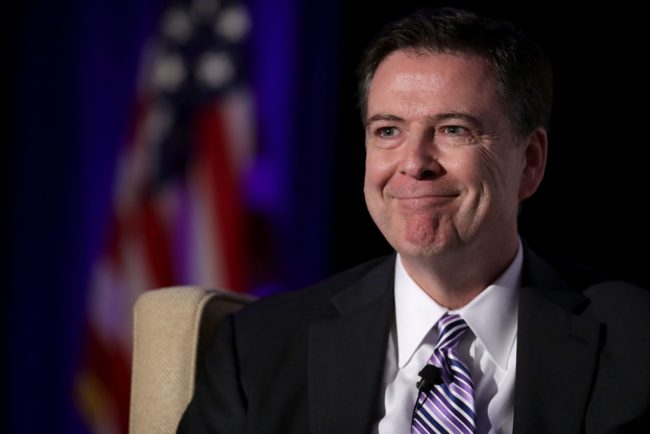 Then-FBI Director James Comey speaks at the Intelligence and National Security Alliance Leadership Dinner in Alexandria, Virginia, March 29, 2017.