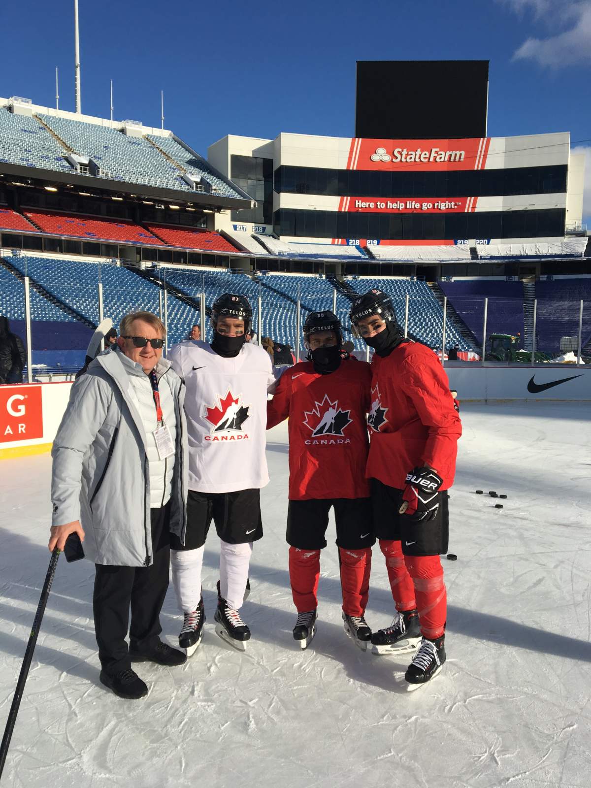 Bob Martin, Robert Thomas, Victor Mete and Alex Formenton at practice with Team Canada prior to the outdoor game against Team USA at New Era Field in Buffalo, NY.