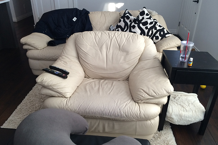 My husband’s nightly job of rearranging the living room furniture to set up for a night of three sets of feeding-supplementing-pumping-sleeping.