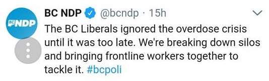 NDP minister apologizes over tweet accusing BC Liberals of ‘ignoring the overdose crisis’ - image