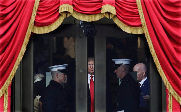 President-elect Donald Trump waits to step out onto the portico for his Presidential Inauguration at the U.S. Capitol in Washington, Jan. 20, 2017.