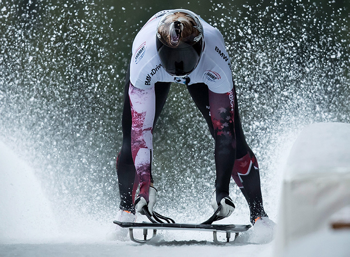 Canada’s Dave Greszczyszyn comes to a stop after racing to a seventh-place finish during a World Cup Skeleton race in Whistler, B.C., on Saturday November 25, 2017.