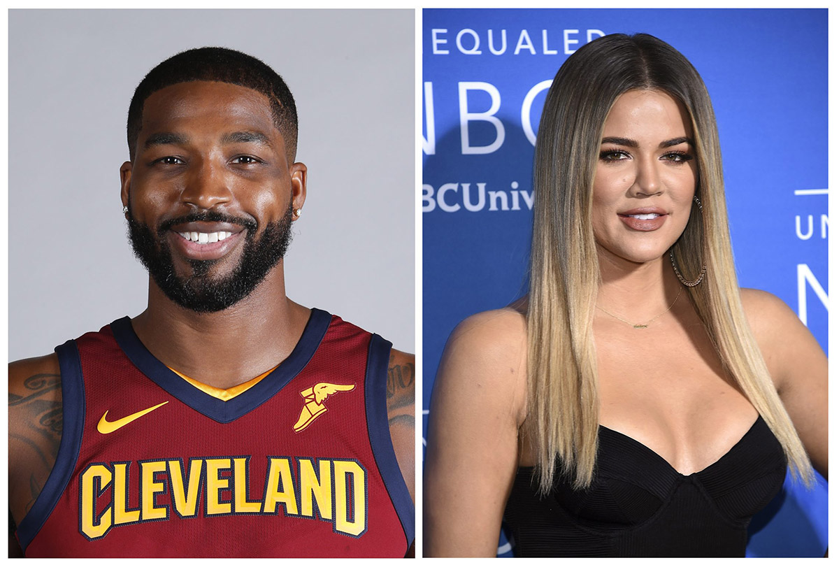 This combination photo shows television personality Khloe Kardashian at the NBCUniversal Network 2017 Upfront at Radio City Music Hall in New York on May 15, 2017, right, and Cleveland Cavaliers' Tristan Thompson at the NBA basketball team media day in Independence, Ohio, on Sept. 25, 2017, left. 