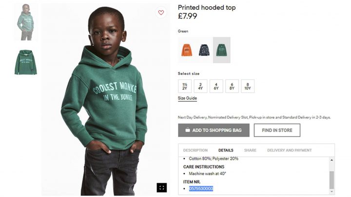 An undated photo of an advert for a hoodie by H&M. Clothing giant H&M has apologized Monday, Jan. 8, 2017, and removed an advertising image of a black model in a sweatshirt with the words ÄúCoolest monkey in the jungle.ÄôÄô The brand removed the image, but kept in place other designs modeled by white children. 