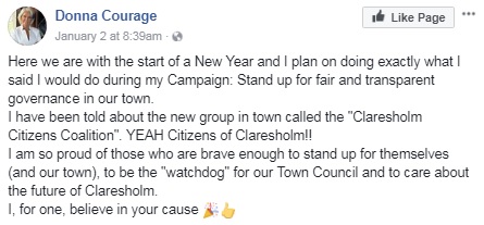 A Facebook post from Donna Courage showing her support of the Claresholm Citizens Coalition.