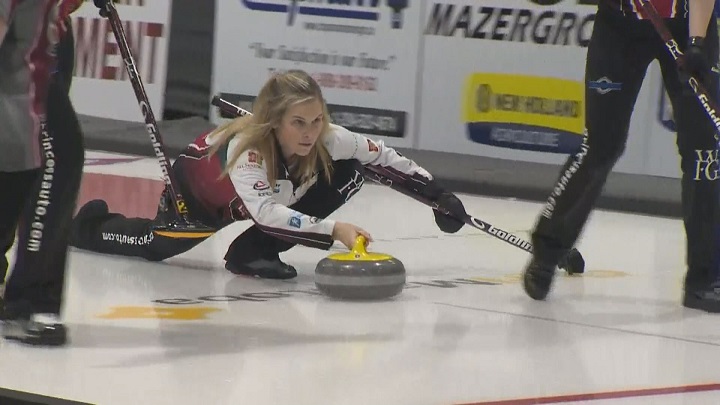 Jennifer Jones makes a shot during draw 10 of the Manitoba Scotties Tournament Of Hearts in Killarney.