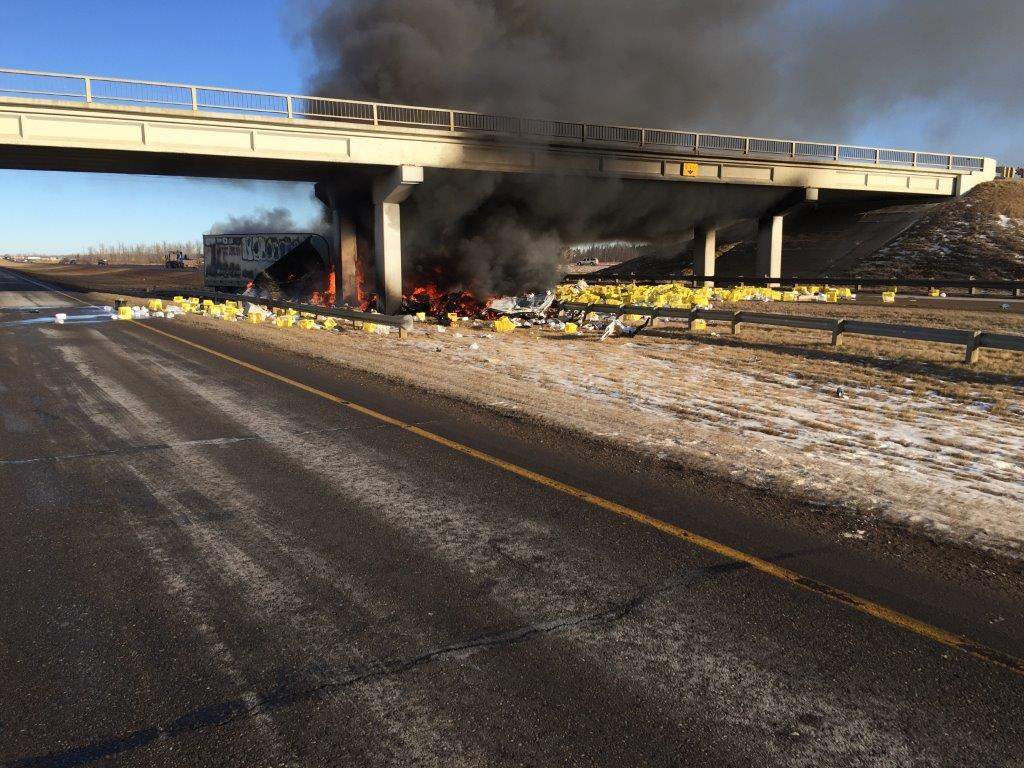 A southbound semi went off the QEII Highway and struck the Highway 616 overpass near Millet on Wednesday morning. Jan. 17, 2017.