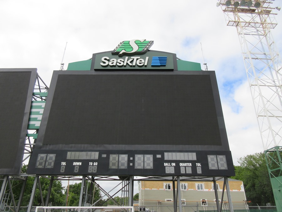 The giant Saskatchewan Roughriders sign was removed from the old Mosaic Stadium in Regina when the team’s former home was torn down.