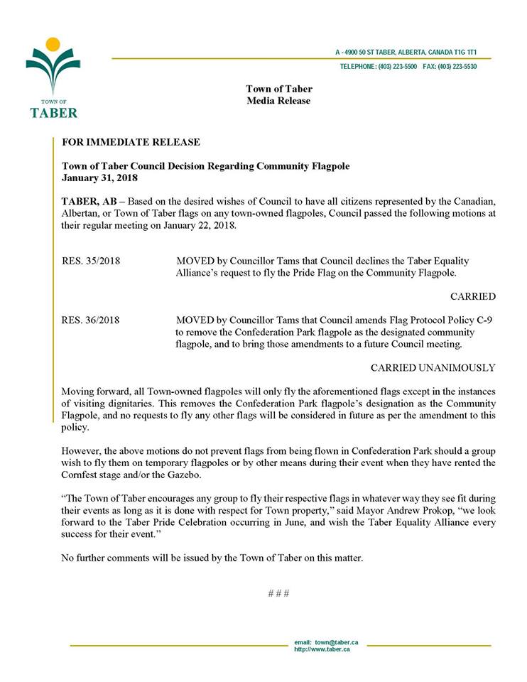 Statement from the Town of Taber
