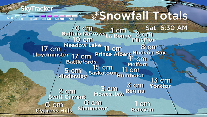 Upwards of 15 to 20 centimetres of snow is possible in parts of central Saskatchewan by Saturday morning.