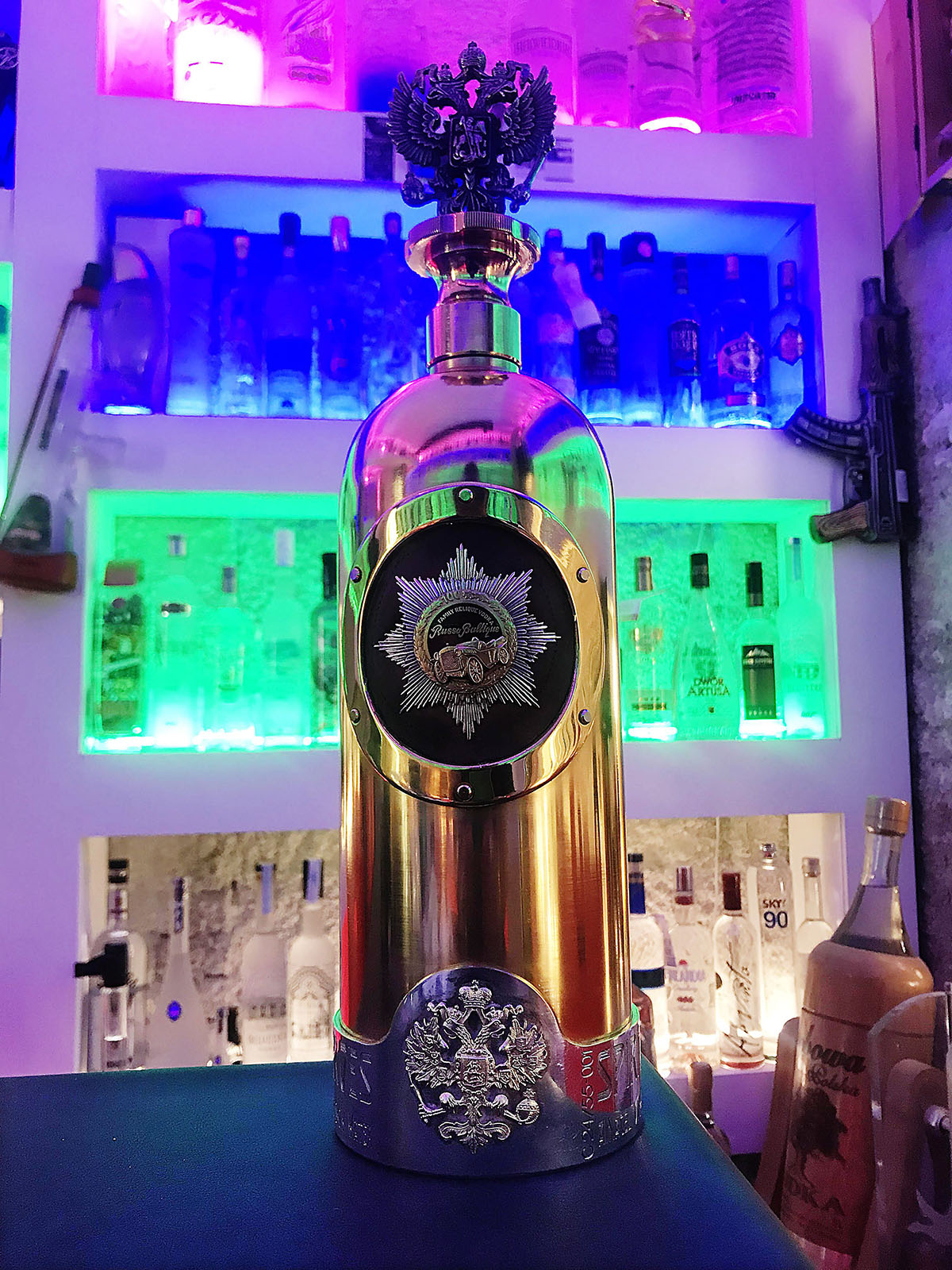 An undated photograph of the bottle of Russo-Baltique vodka which was stolen from Cafe 33 in Copenhagen, Denmark.