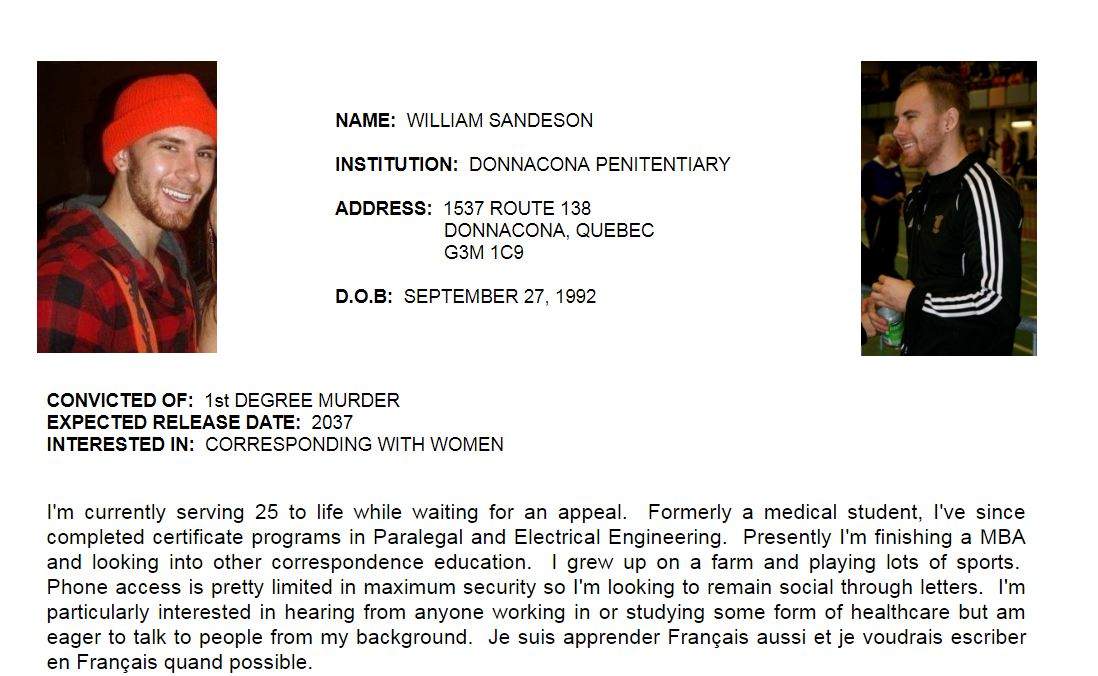 A look at William Sandeson’s profile on Canadian Inmates Connect Ltd.