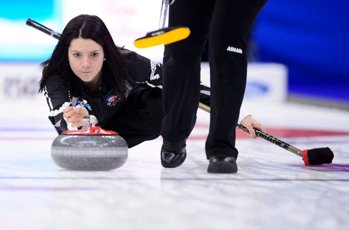 Kerri Einarson takes on Manitoba at the Scotties Tournament of Hearts in Penticton, B.C., on Saturday, Feb. 3, 2018.