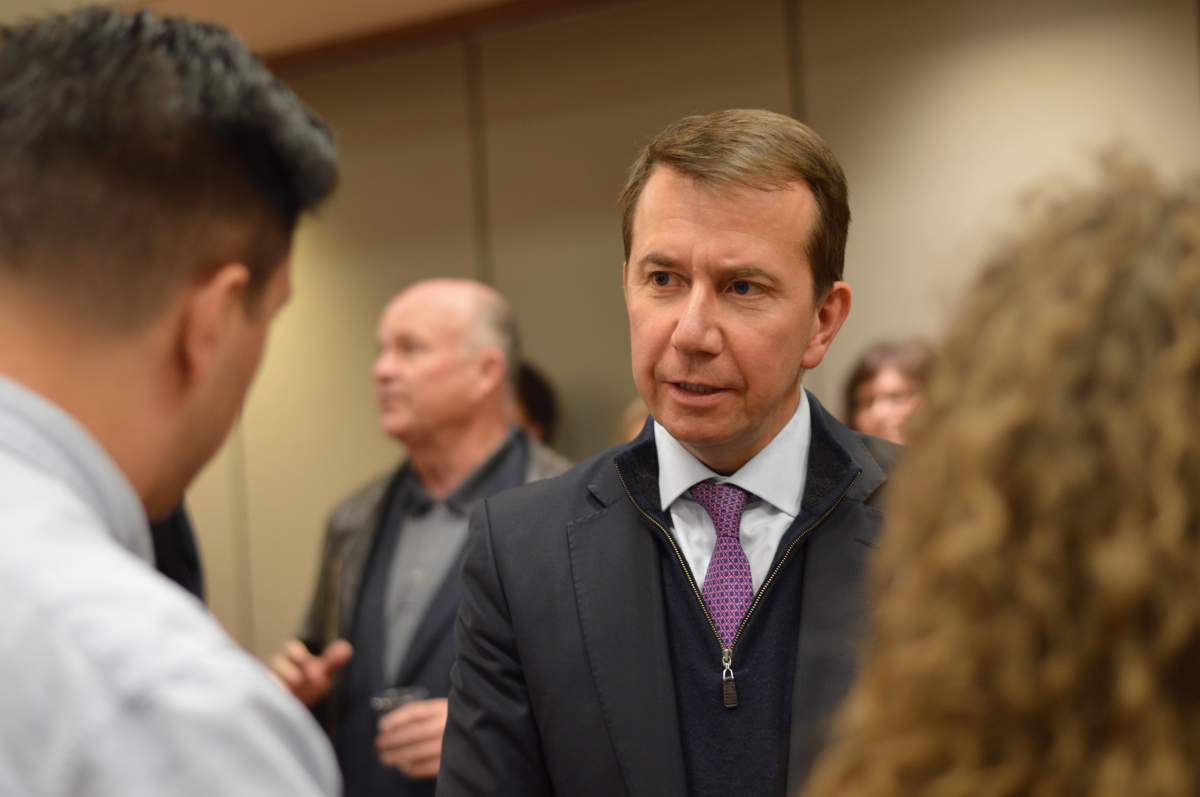 President of the Treasury Board Scott Brison speaks to students at Saint Mary's University on Feb. 28, 2018.