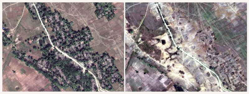 This combination of two satellite images provided by DigitalGlobe, Dec. 20, 2017, left; and Feb. 13, 2018, right; displaying the village of Myin Hlut, 25 kilometers southeast of Maungdaw, Rakhine state, Myanmar shows that predominantly Rohingya village and hamlets have been completely leveled by authorities in recent weeks, far more than previously reported.
