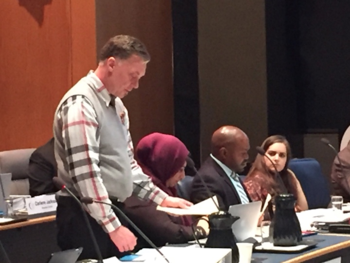 Toronto District School Board Trustee Alexander Brown speaks during a board meeting on Wednesday.