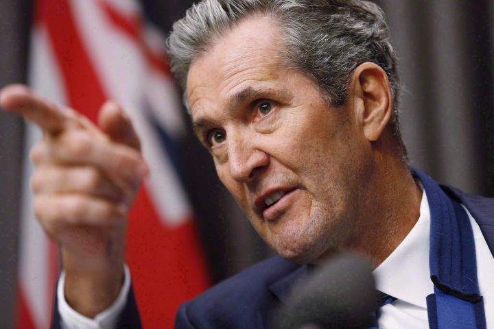 Manitoba Premier Brian Pallister speaks to media at an embargoed press conference before the provincial throne speech at the Manitoba Legislature in Winnipeg, Tuesday, November 21, 2017. Pallister says increasing regional tensions and economic uncertainty over the future of the Trans Mountain pipeline project should be defused as quickly as possible.
