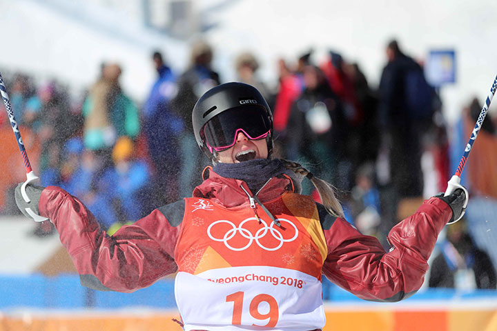 Canada’s Dara Howell reacts after her qualifying run in the ski slopestyle event at Phoenix Snow Park in Pyeongchang, South Korea on Feb 17, 2018.