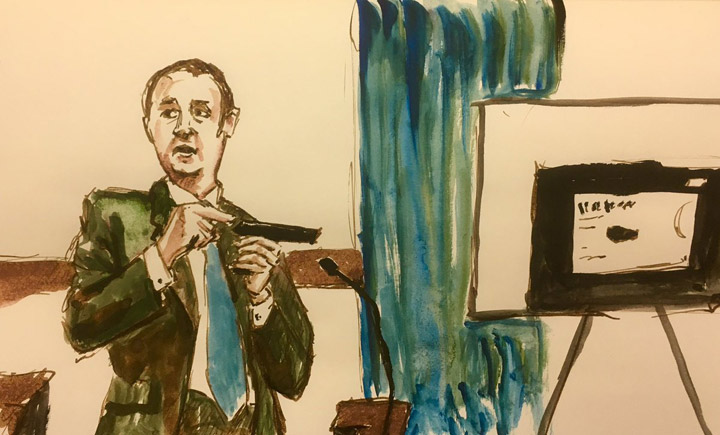 Firearms expert Greg Williams speaks in court during the trial of Gerald Stanley in this courtroom sketch in North Battleford, Sask., on Thursday, Feb. 1, 2018.