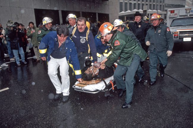 View of an man injured after a terrorist's truck bomb at the World Trade Center, New York, New York, Feb. 26, 1993.