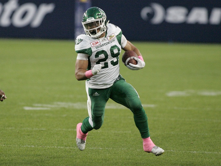 Kienan LaFrance carries the ball in a CFL game between the Saskatchewan Roughriders and the Toronto Argonauts at BMO field on Oct. 7, 2017 in Toronto.