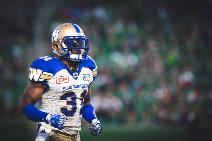Maurice Leggett (31) of the Winnipeg Blue Bombers during the game at New Mosaic Stadium in Regina, SK, Saturday, July 1st, 2017. (Photo: Johany Jutras).