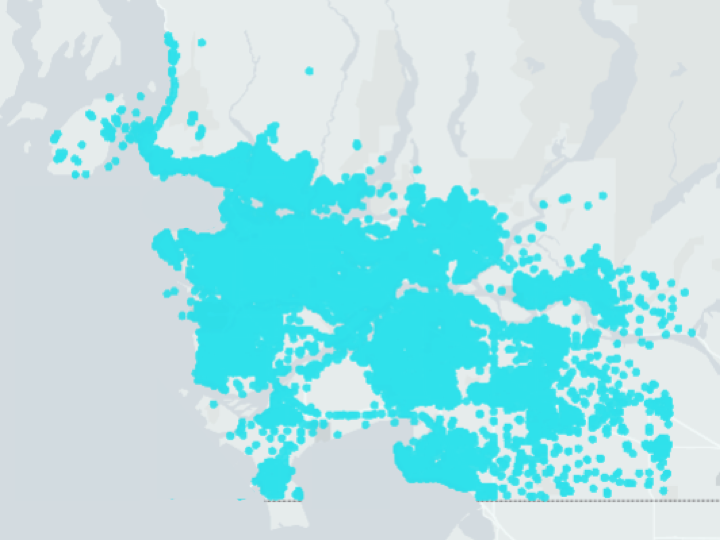 A map of Metro Vancouver shows all the places where tourists have opened up the Uber app in the last two years.