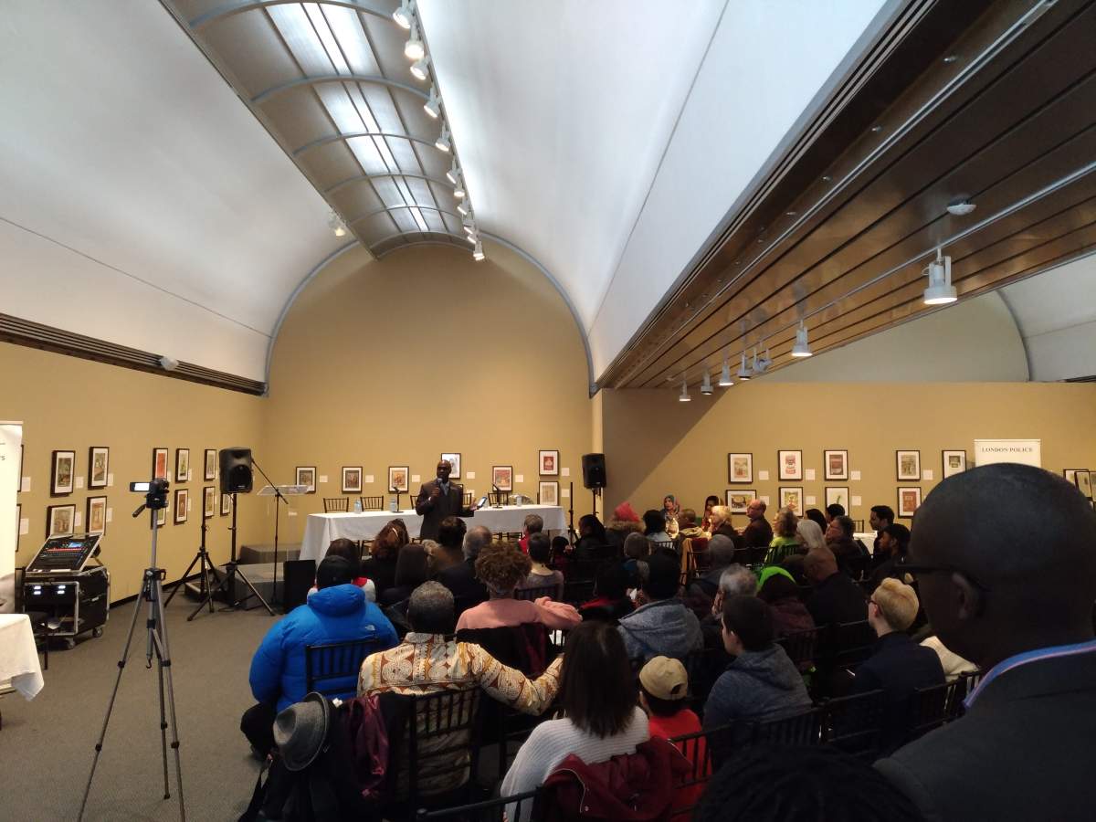 Leroy Hibbert addresses the crowd at Museum London.
