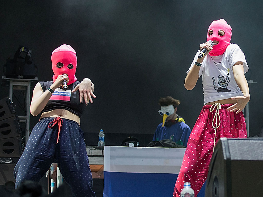 Nadezhda Tolokonnikova (R) of Pussy Riot performs onstage during the Day for Night festival on December 16, 2017 in Houston, Texas.