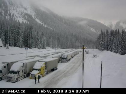 Dozens of semis parking along the side of the Trans Canada because of a high avalanche hazard.