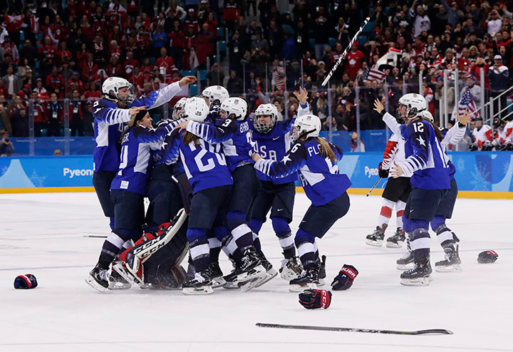 United States celebrates winning gold in the women’s hockey game against Canada at the 2018 Winter Olympics in Gangneung, South Korea, Feb. 22, 2018.