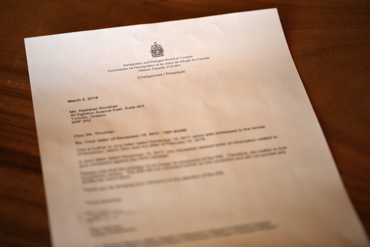 Letter from IRB acting chairperson, Paul Aterman, to lawyer Nastaran Roushan, March 2, 2018