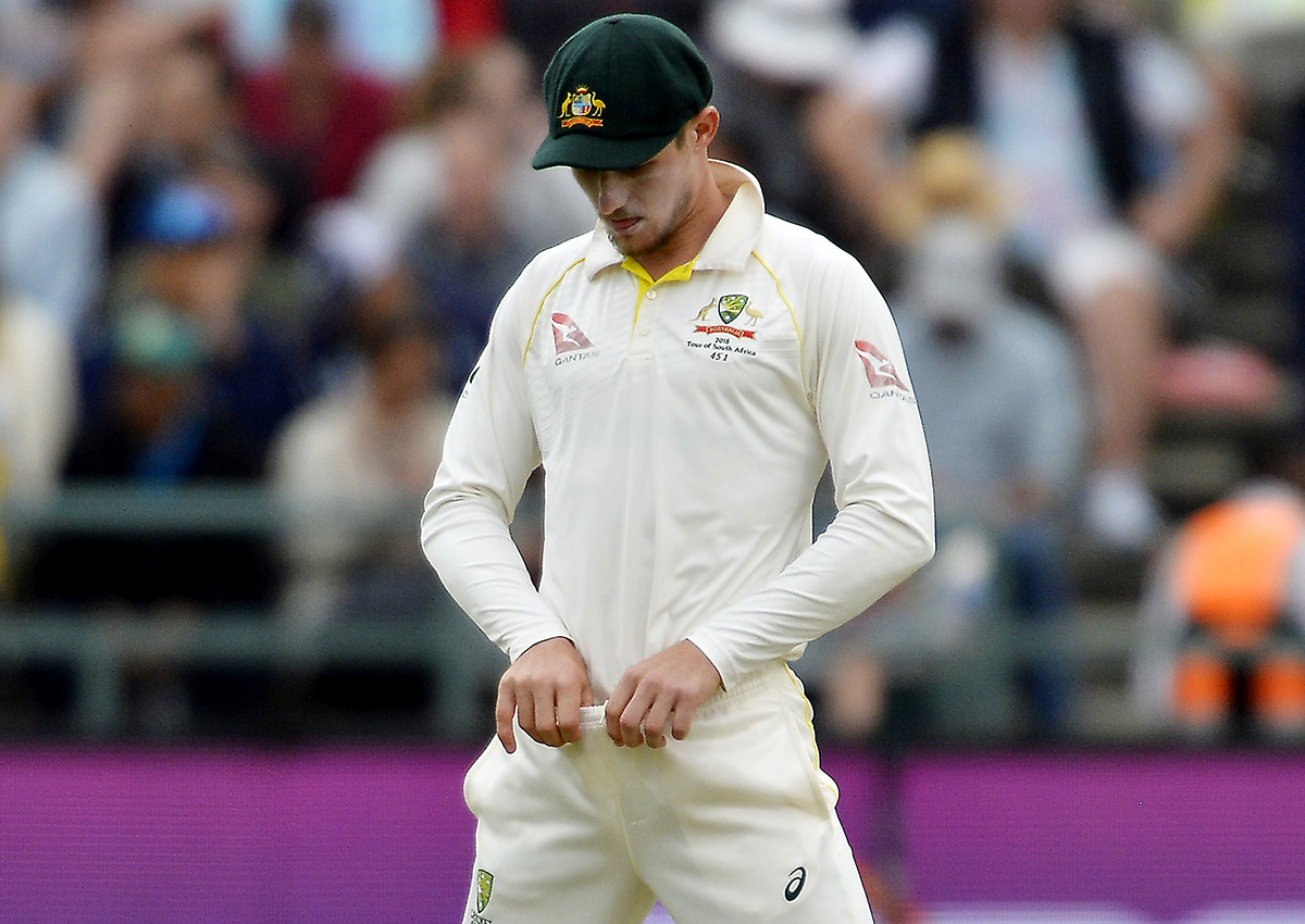 Cameron Bancroft of Australia adjusts the front of his trousers during day 3 of the 3rd Sunfoil Test match between South Africa and Australia at PPC Newlands on March 24, 2018 in Cape Town, South Africa.