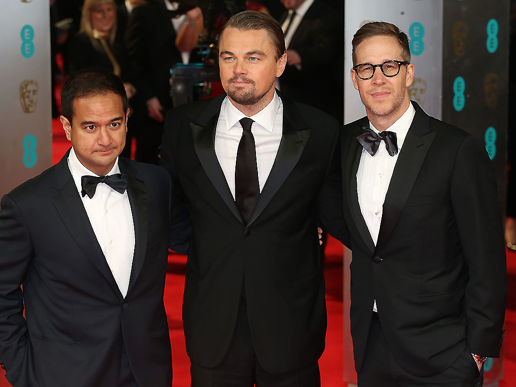 Producers Riza Aziz (L), Joey McFarland (R) and Leonardo DiCaprio attend the EE British Academy Film Awards 2014 at The Royal Opera House on February 16, 2014 in London, England.