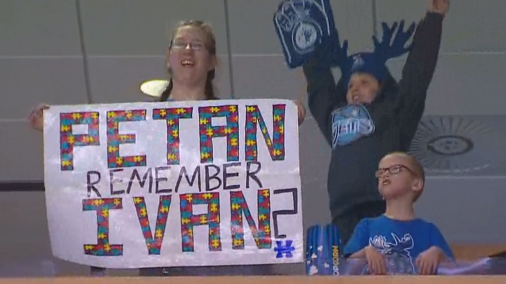 The family was featured on the Jumbotron at the Manitoba Moose game.